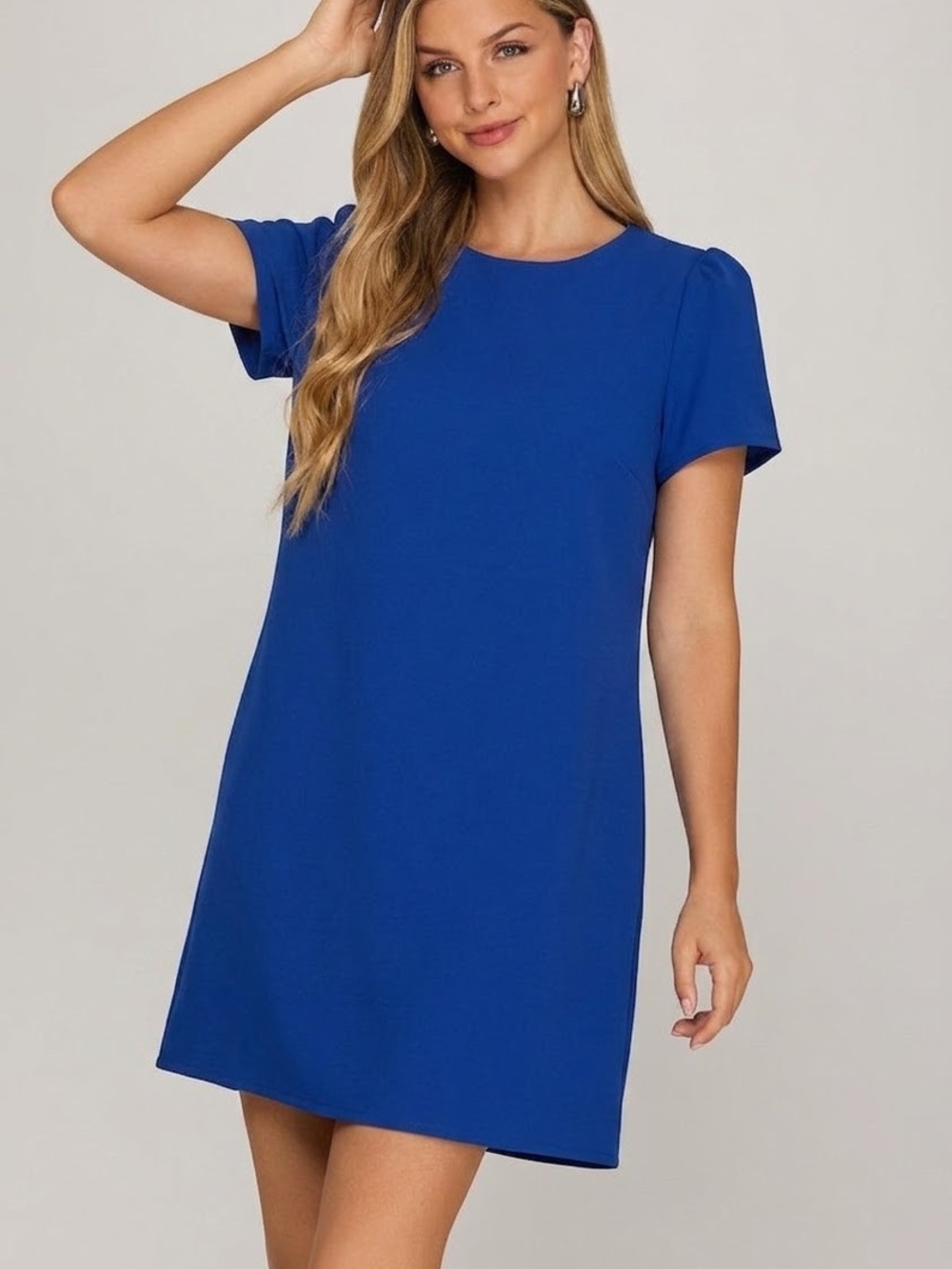 She + Sky Royal Blue Short Sleeve Shift Mini Dress Small Keyhole Back Stretch